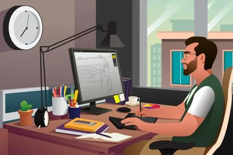 Illustrator Working in Front of Computer Stock Illustration
