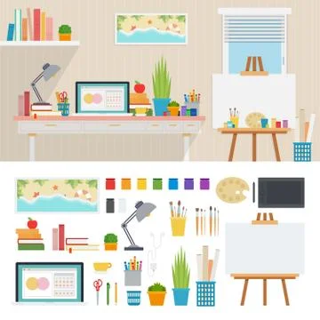 Illustrator working place with artistic tools Stock Illustration