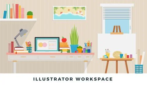 Illustrator workspace. Vector flat illustrators. Workplace of designer with Stock Illustration