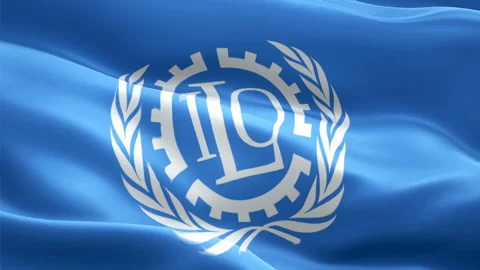 ILO flag. 3d International Labour Organization logo waving video. Logo of ILO Stock Footage 169987750