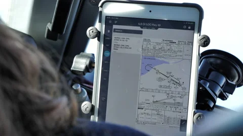 ILS Approach Chart On The Screen Of An iPad Mounted At The Flight Deck Of Stock Footage 139939637