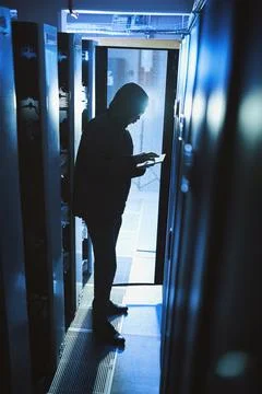 Im about to score big. a hacker using a digital tablet in a server room. 写真素材