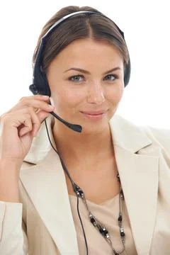 Im here to answer your questions. A close-up studio shot of a young female Stock Photos