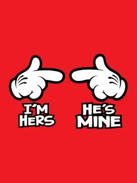 I'm hers/He's text isolated on red background.Hands showing to left and right Stock Illustration