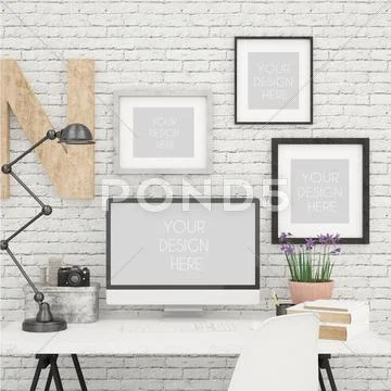 IMac And Photo Frames Contemporary Office MockUp PSD Template