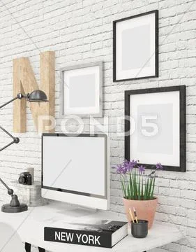 IMac And Photo Frames Contemporary Office MockUp Side View PSD Template