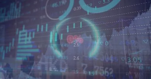 Image of 0 with percentile in circle, multiple graphs and trading board against Stock Photos