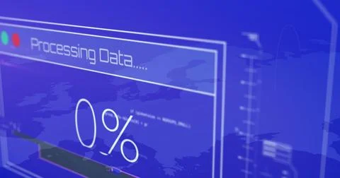 Image of 100 percent data processing loading against blue world map Foto stock