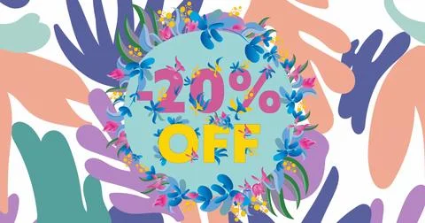 Image of 20 percent off text on blue circle with floral pattern on white Illustrazione stock