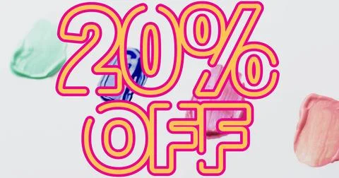Image of 20 percent off text in orange over coloured paint dabs on white Stock Illustration