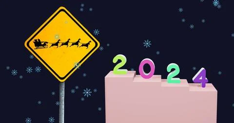 Image of 2024 text and christmas santa claus on road sign in background Stock Illustration