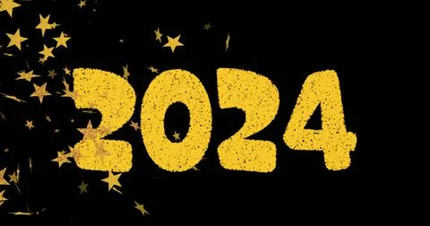 Image of 2024 text in gold, exploding with floating new year gold stars in night Stock Illustration