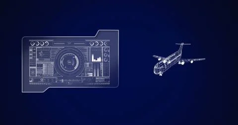 Image of 3d airplane drawing with scope scanning and data processing Stock Photos