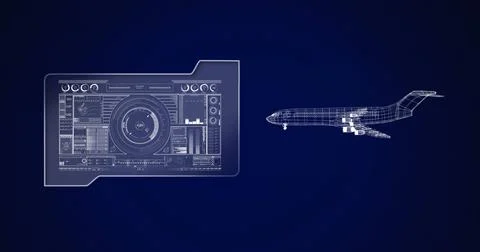 Image of 3d airplane drawing with scope scanning and data processing Foto stock