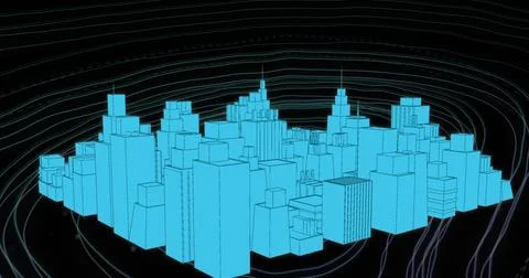Image of 3d blue architectural drawing of city spinning over green map lines on 스톡 일러스트