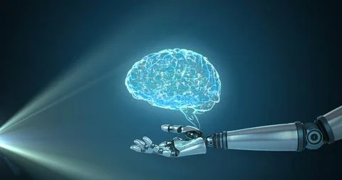 Image of 3d blue glowing human brain rotating with robot arm on glowing blue Illustrazione stock