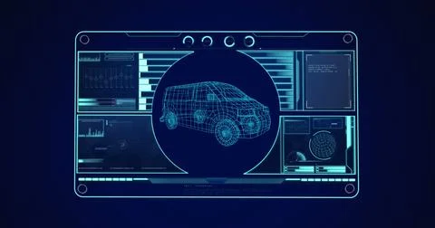 Image of 3d car drawing and data processing on screen Stock Illustration