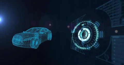 Image of 3d car drawing with scope scanning and data processing Foto stock