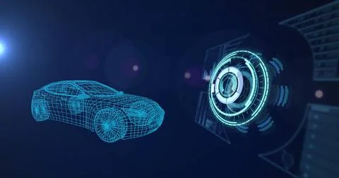 Image of 3d car drawing, scope scanning and data processing 스톡 사진