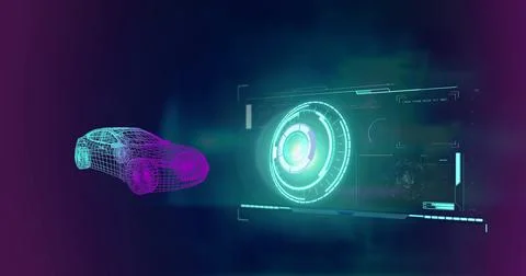 Image of 3d car drawing, scope scanning and data processing Foto stock