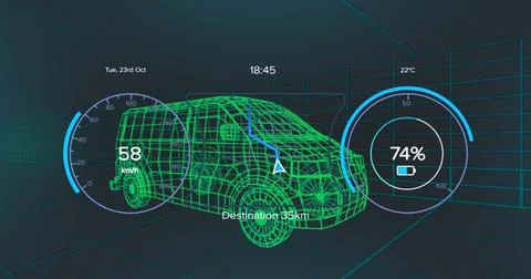 Image of 3d car model and grid over dark background Stock Illustration