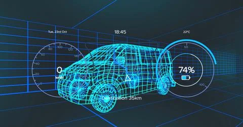 Image of 3d car model and grid over dark background Stock Illustration