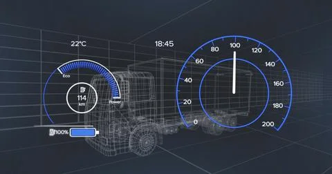 Image of 3d car model and speedometer over dark background Stock Illustration