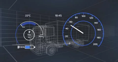Image of 3d car model and speedometer over dark background Stock Illustration