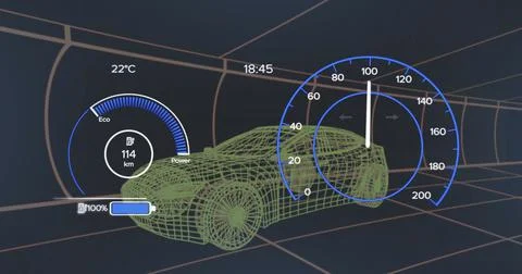 Image of 3d car model and speedometer over dark background Stock Illustration