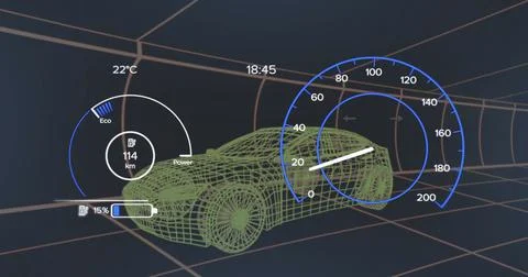 Image of 3d car model and speedometer over dark background Stock Illustration
