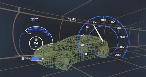 Image of 3d car model and speedometer over dark background 스톡 일러스트