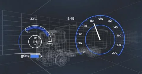 Image of 3d car model and speedometer over dark background 스톡 일러스트