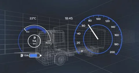 Image of 3d car model and speedometer over dark background Stock Illustration