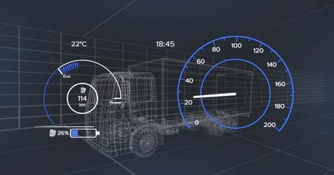 Image of 3d car model and speedometer over dark background Stock Illustration