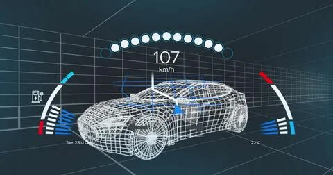 Image of 3d car model and data processing over dark background 스톡 사진