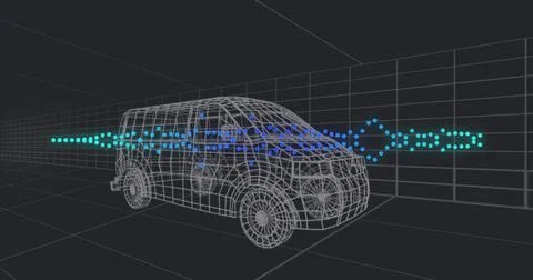 Image of 3d car model over grid on black background Ilustração Stock