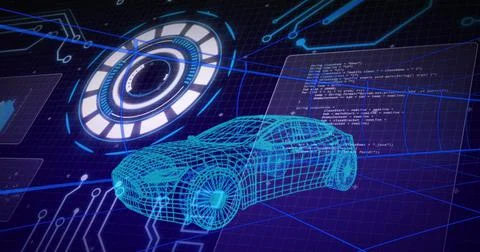 Image of 3d car technical drawing, scope scanning and data processing on screens 库存插图
