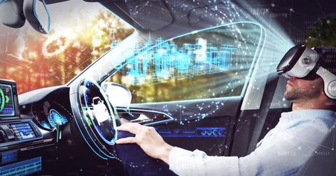Image of 3d cityscape drawing over businessman wearing vr headset in self 스톡 사진