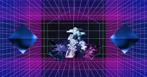 Image of 3d diamonds, glitching classical statue and leaves over purple grids on Stock Illustration