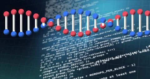 Image of 3d dna, virus with data processing on digital interface Stock Illustration