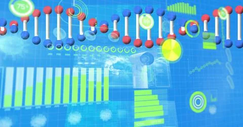 Image of 3d dna, virus with graphs, infographic data processing on digital Stock Illustration