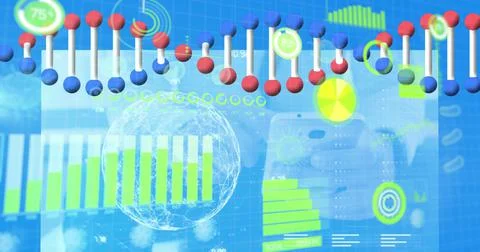 Image of 3d dna, virus with graphs, infographic data processing on digital Illustrazione stock