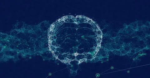 Image of 3d human brain spinning over network of connections Stockillustratie