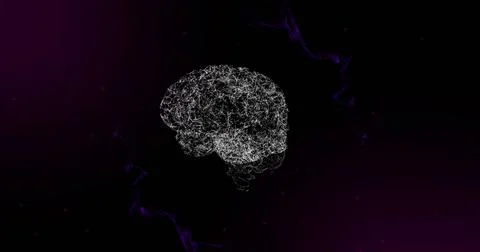 Image of 3d human brain spinning on moving purple network on black background 스톡 일러스트
