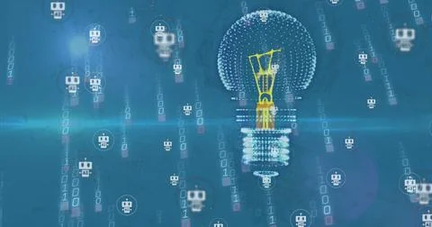 Image of 3d light bulb over robot icons against falling binary codes on blu.. Stock Photos
