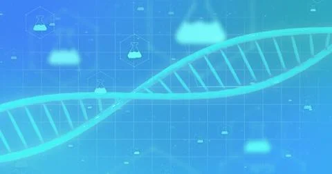 Image of 3d micro of dna strand and chemistry icons on blue background Stock Illustration