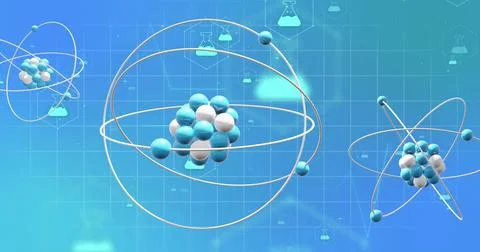 Image of 3d micro of molecules and chemistry icons on blue background Stock Illustration