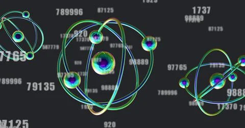 Image of 3d micro of molecules and numbers on black background Stockfoto's