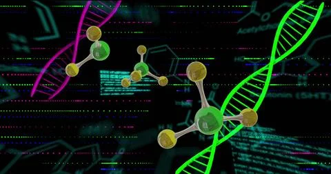 Image of 3d micro of molecules and dna strands on black background Stock Photos