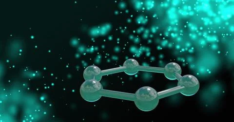 Image of 3d micro of molecules over glowing spots on black background Ilustração Stock